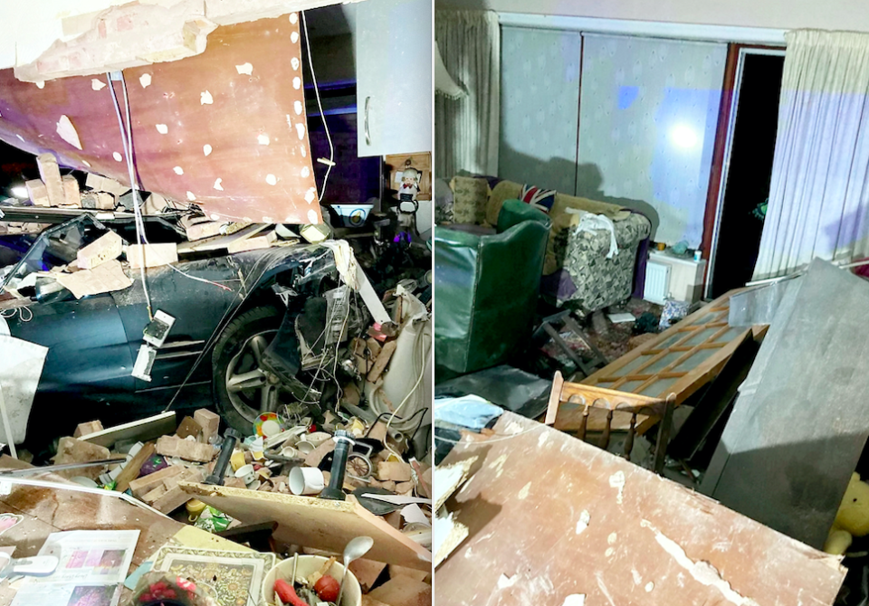 Bricks and debris were scattered across the room after the car ploughed into the property. (SWNS)