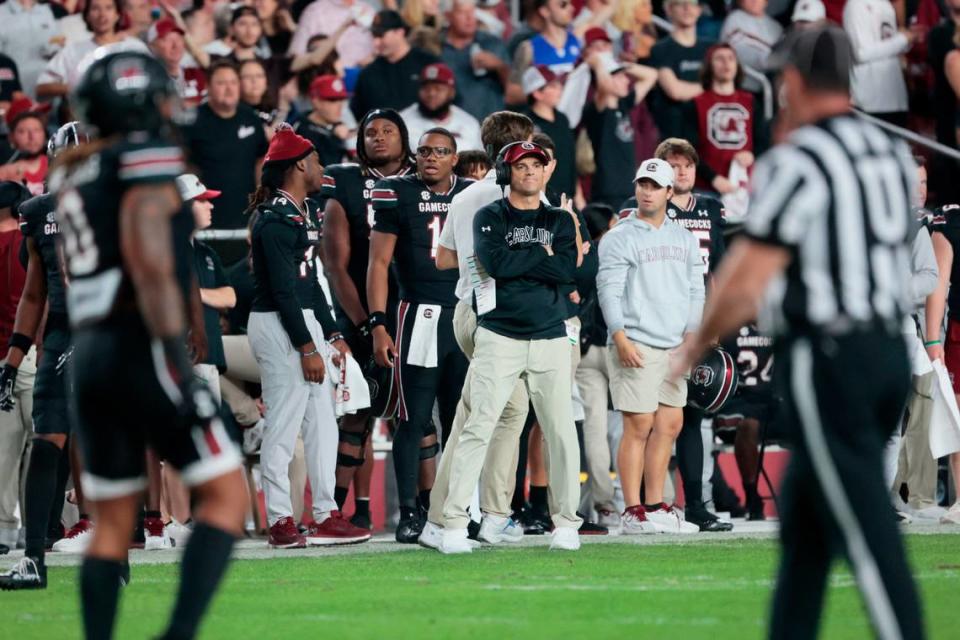 South Carolina head coach Shane Beamer guides his team as they play Kentucky at Williams-Brice Arena on Saturday, November 18, 2023. 