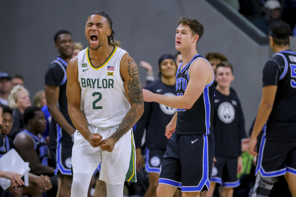 Baylor guard Jayden Nunn (2) reacts sduring the second half of the team's NCAA college basketball game against BYU, Tuesday, Jan. 9, 2024, in Waco, Texas. Baylor won 81-72. (AP Photo/Gareth Patterson)