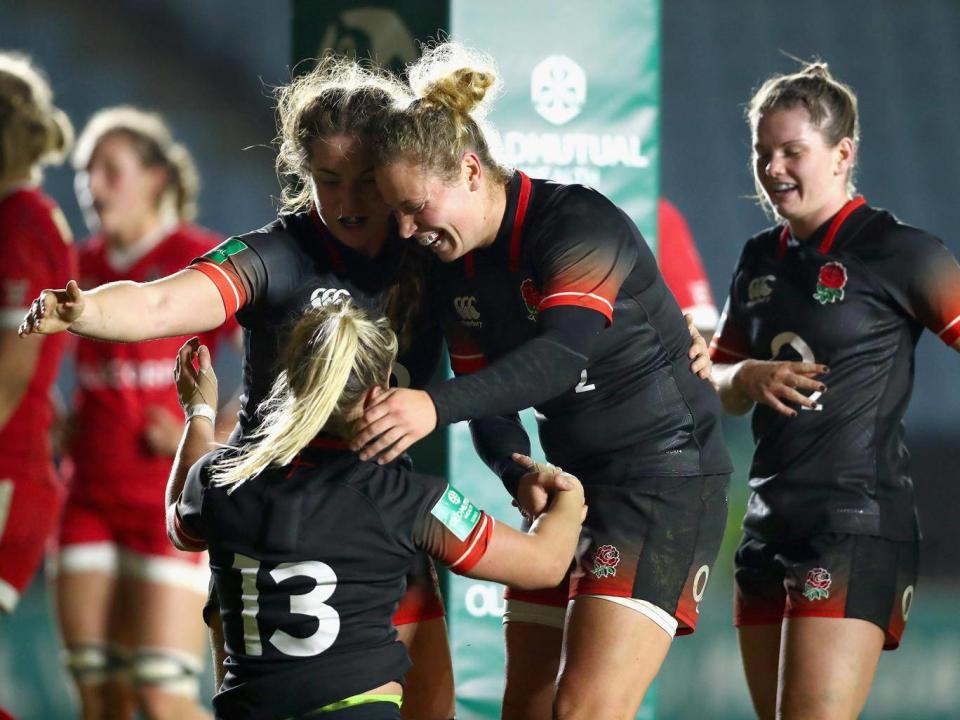 England celebrate after Rachael Burford scores her second try (Getty)