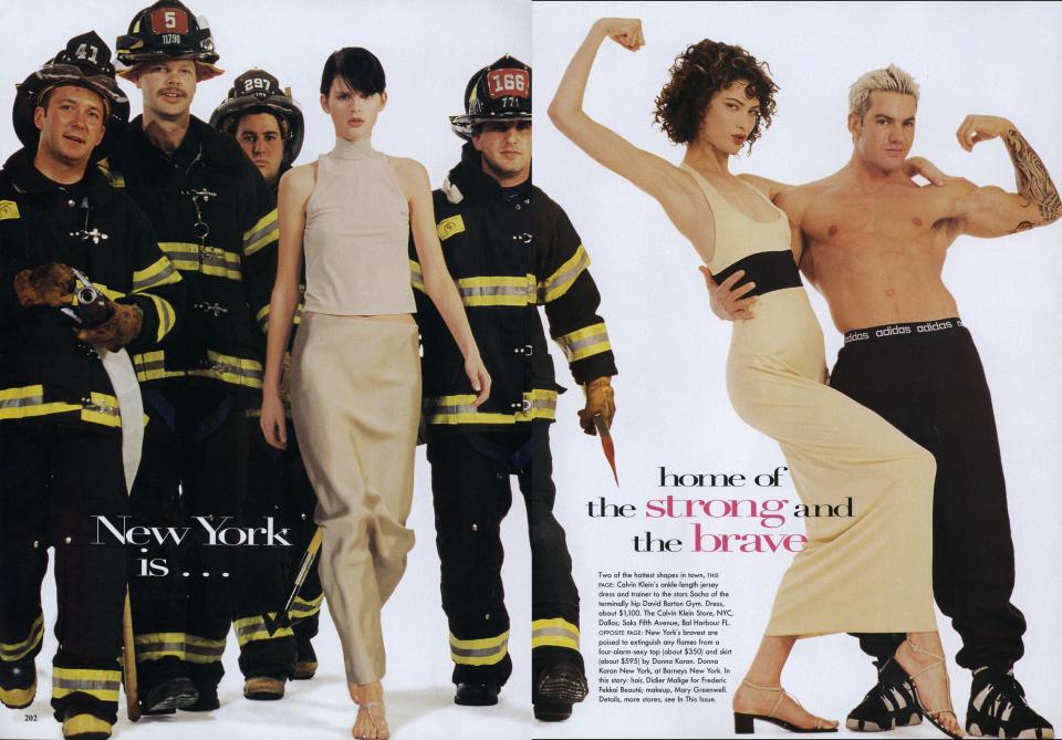 NEW YORK IS...HOME OF THE STRONG AND THE BRAVE: Two of the hottest shapes in town, New York’s bravest are poised to extinguish any flames from a four-alarm-sexy top and skirt by Donna Karan. Calvin Klein’s ankle-length jersey dress and trainer to the stars Sacha of the terminally hip David Barton Gym.