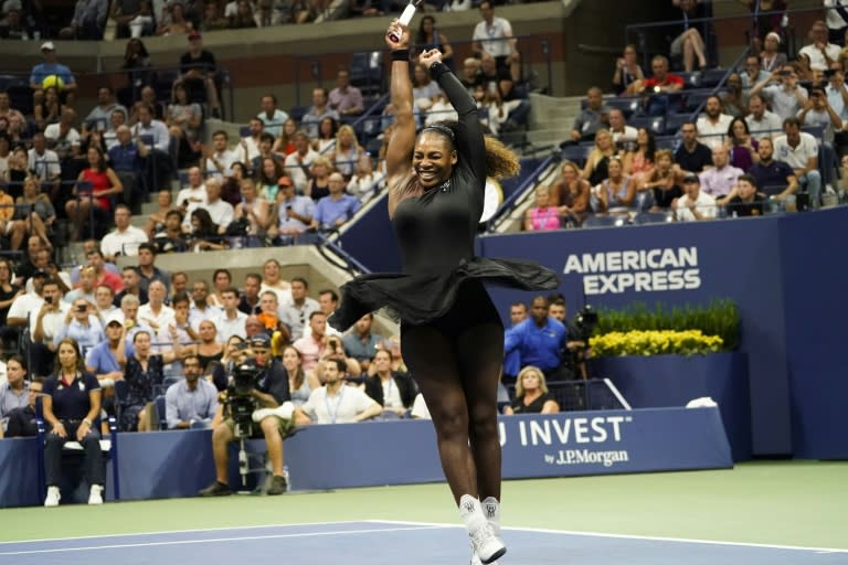 Serena Williams celebrates after beating Karolina Pliskova to reach the semi-finals of the US Open