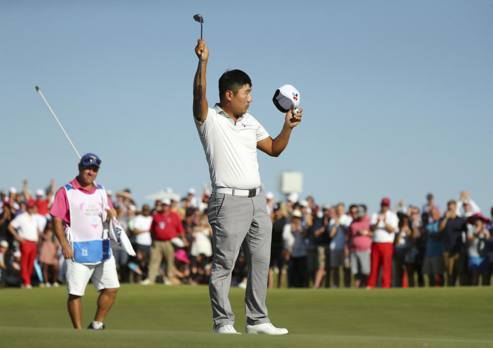 Sung Kang reacts after winning the Byron Nelson golf tournament on Sunday, May 12, 2019, in Dallas. (AP Photo/Richard W. Rodriguez)