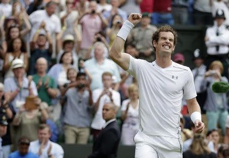 Andy Murray of Britain celebrates after winning his match against Andreas Seppi of Italy at the Wimbledon Tennis Championships in London, July 4, 2015. REUTERS/Henry Browne