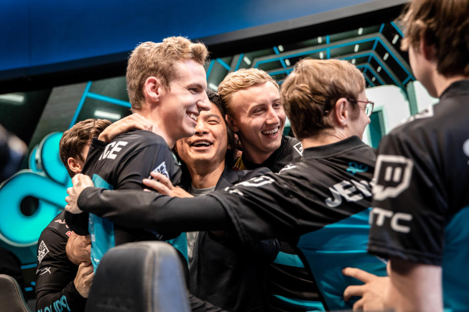 The Cloud 9 team celebrating during the 2018 North America LCS Regional Qualifiers in Los Angeles, California.