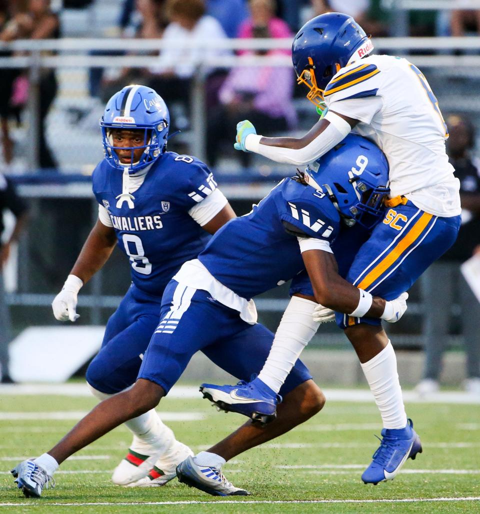 Sussex Central's Jajuan Sturgis (right), shown here earlier this season, scored twice against South Carroll (Md.) on Friday.