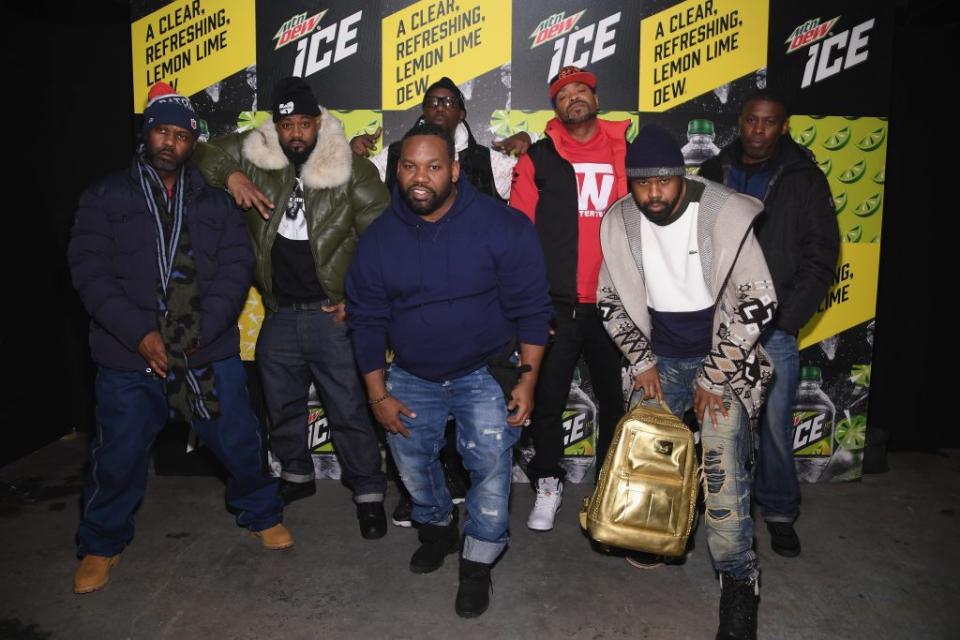 (L-R) Masta Killa, Ghostface Killah, RZA, Method Man, GZA, (front) Raekwon and Cappadonna of Wu Tang Clan attends the Mtn Dew ICE launch event on January 18, 2018 in Brooklyn, New York. (Photo by Dimitrios Kambouris/Getty Images for Mountain Dew)