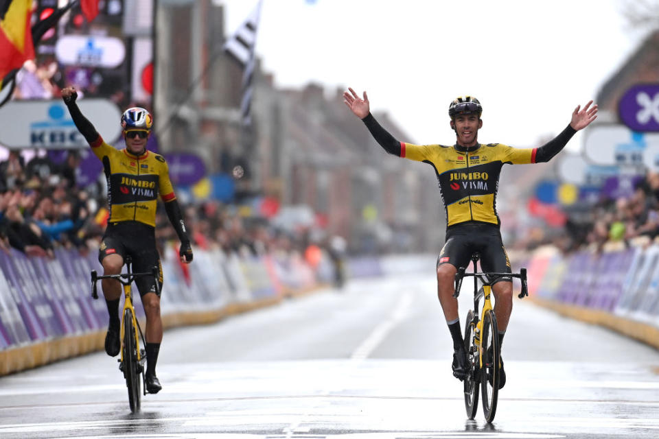 WEVELGEM BELGIUM  MARCH 26 LR Wout Van Aert of Belgium and race winner Christophe Laporte of France and Team JumboVisma celebrate at finish line during the 85th GentWevelgem in Flanders Fields 2023 Mens Elite a 2609km one day race from Ypres to Wevelgem  UCIWT  on March 26 2023 in Wevelgem Belgium Photo by Tim de WaeleGetty Images
