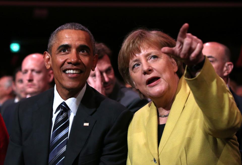 Obama and Merkel sit during the official opening ceremony of the Hanover Industrial Fair in Hanover, Germany, on April 24.