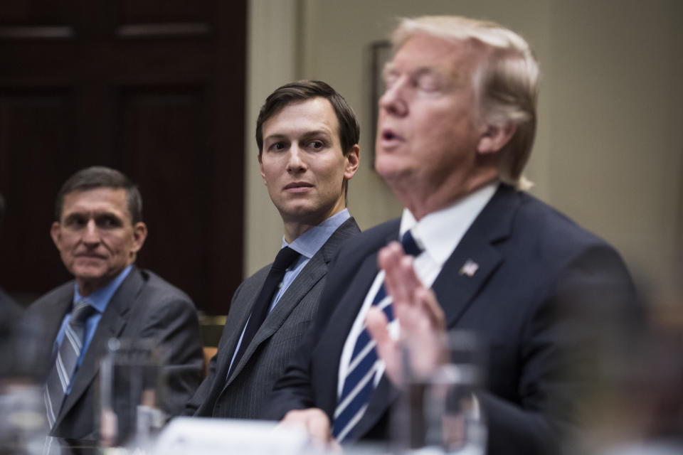 From left, Michael Flynn, national security adviser, and Jared Kushner, senior adviser to President Trump, listen to President Trump at a session in the White House with cybersecurity experts on Tuesday, Jan. 31, 2017. (Photo: Jabin Botsford/The Washington Post via Getty Images)