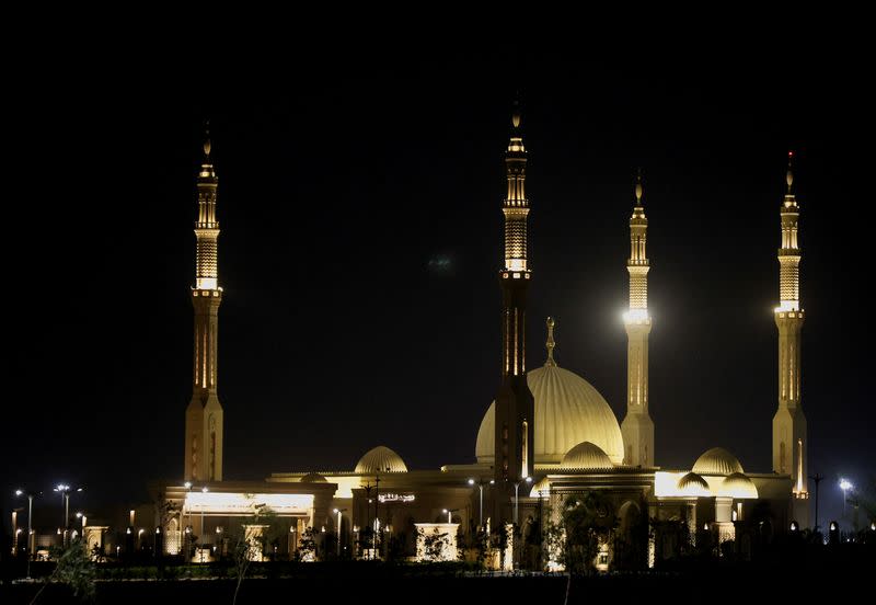 A general view shows light around the mosque of Al-Fattah Al-Alim in the New Administrative Capital, east of Cairo
