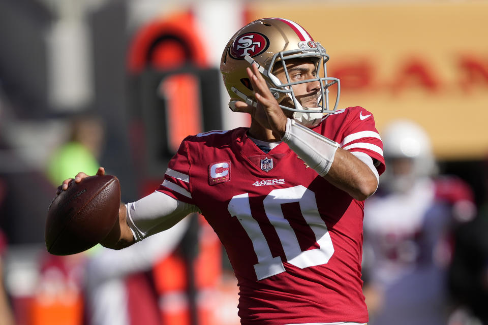 San Francisco 49ers quarterback Jimmy Garoppolo (10) passes against the Arizona Cardinals during the first half of an NFL football game in Santa Clara, Calif., Sunday, Nov. 7, 2021. (AP Photo/Tony Avelar)