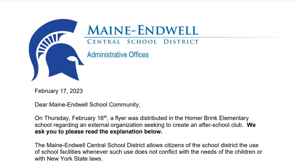 Maine-Endwell Central School District superintendent Jason Van Fossen sent a letter to Maine-Endwell parents and families Friday to explain why flyers promoting a "Satan Club" were given to students Thursday.