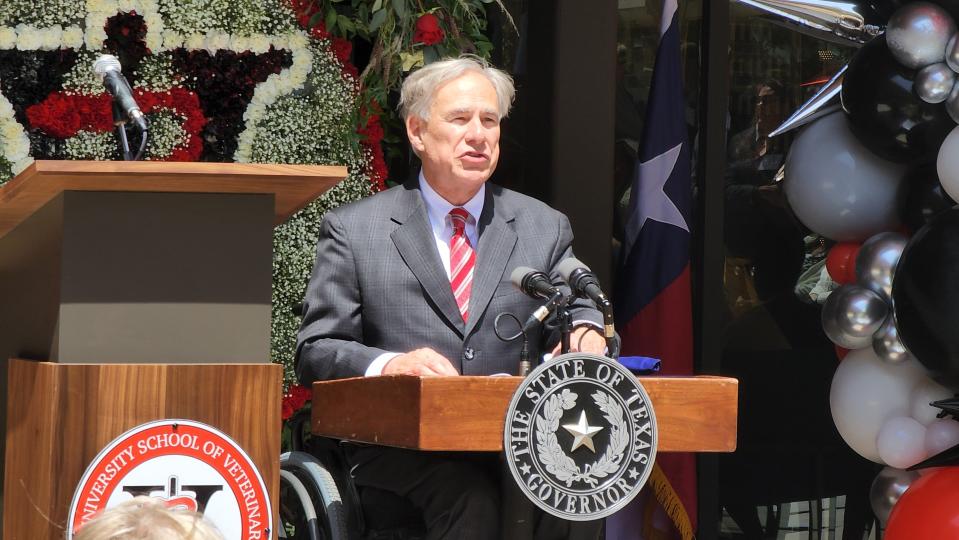 Gov. Greg Abbott address the audience gathered Friday at the Texas Tech School of Veterinary Medicine ribbon cutting ceremony.