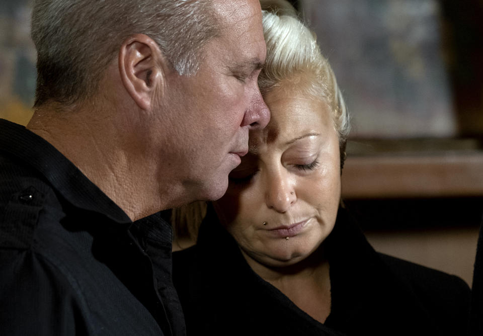 Charlotte Charles, mother of Harry Dunn, who died after his motorbike was involved in an August 2019 accident in Britain with Anne Sacoolas, wife of an American diplomat, speaks at a news conference joined by family members Monday, Oct. 14, 2019, in New York. The family is seeking answers after Sacoolas returned to the United States after being granted diplomatic immunity following the crash.