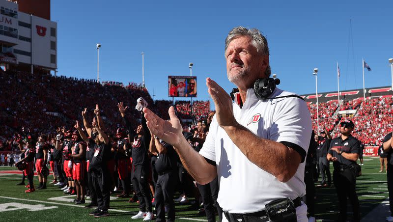 Utah Utes head coach Kyle Whittingham watches a video to honor Aaron Lowe and Ty Jordan in Salt Lake City on Saturday, Oct. 14, 2023. Utah won 34-14.