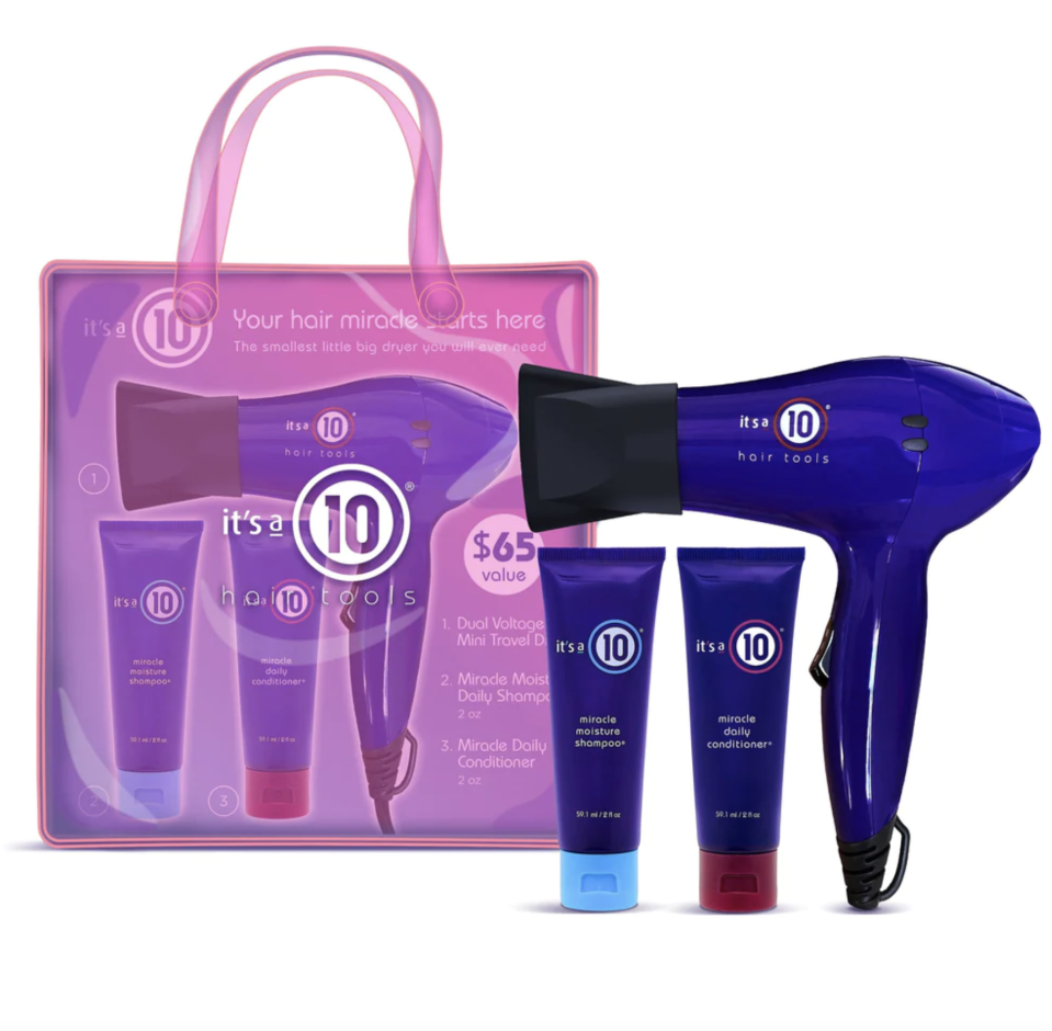 <p><a href="https://itsa10haircare.com/products/copy-of-its-a-10-miracle-professional-hair-dryer" rel="nofollow noopener" target="_blank" data-ylk="slk:Shop Now;elm:context_link;itc:0;sec:content-canvas" class="link ">Shop Now</a></p><p>Miracle Mini Travel Professional Hair Dryer Kit</p><p>$39.99</p><p>itsa10haircare.com</p><span class="copyright">itsa10haircare.com</span>