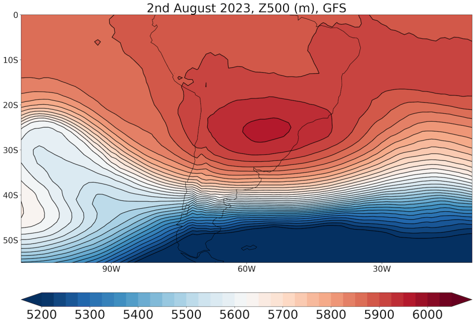 El anticiclón de bloqueo que está provocando la ola de calor entre Chile y Argentina. GFS analysis data, Author provided