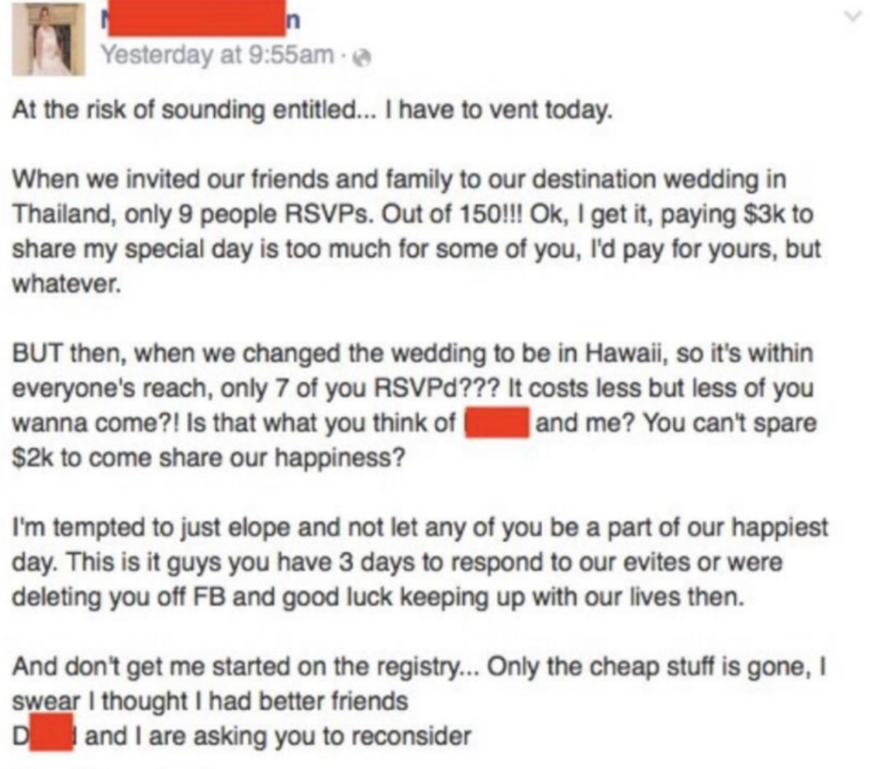 person made that less people RSVPd to the wedding after asking for money and moving it to Hawaii