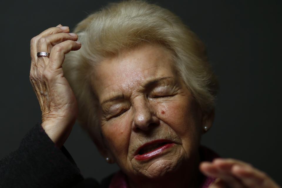 Auschwitz death camp survivor Halina Brzozowska poses for a portrait in Warsaw