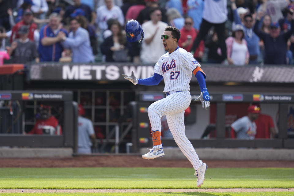 New York Mets' Mark Vientos celebrates after hitting a walkoff home run during the 11th inning of a baseball game against the St. Louis Cardinals at Citi Field, Sunday, April 28, 2024, in New York. (AP Photo/Seth Wenig)