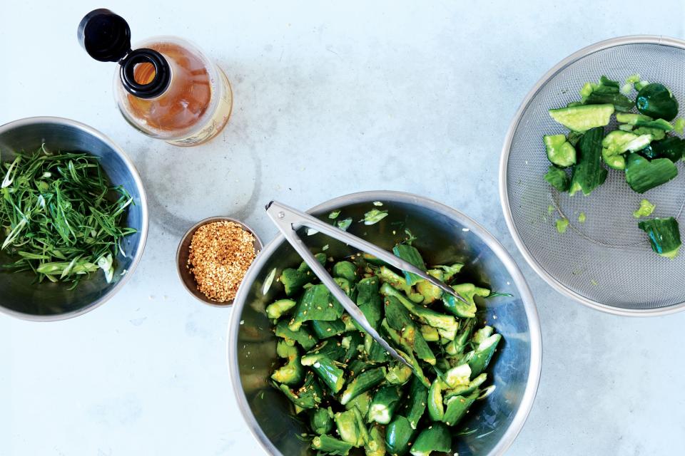 Cucumbers with Scallions and Chili Oil