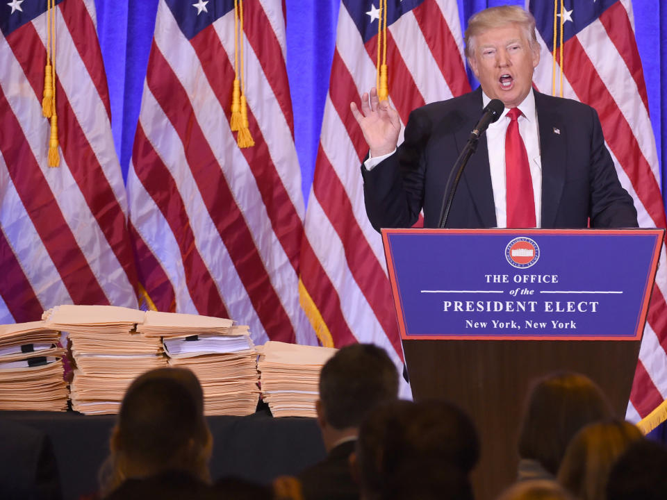 US President-elect Donald Trump gives a press conference on 11 January, 2017 in New YorkAFP via Getty Images