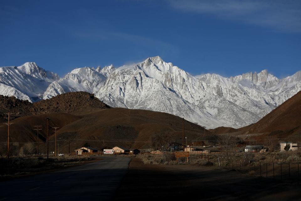 Lone Pine Peak, center, elevation 12,949 feet, and Mount Whitney, far right