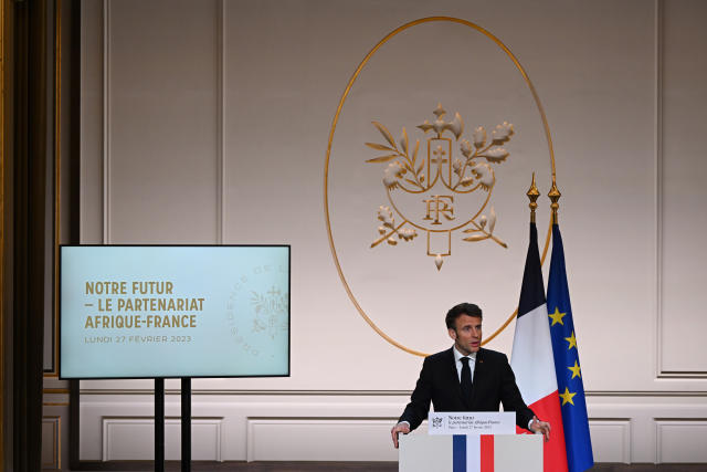 French President Emmanuel Macron delivers a speech ahead of his visit in Central Africa, at the Elysee Palace in Paris, Monday, Feb. 27, 2023. French President Emmanuel Macron unveiled his country's changing economic and military strategy in Africa for the coming years, as France's influence substantially declines on the continent. Macron begins an ambitious Africa trip on Wednesday to Gabon, Angola, the Republic of Congo and Congo.( Stefano Rellandini, Pool via AP)