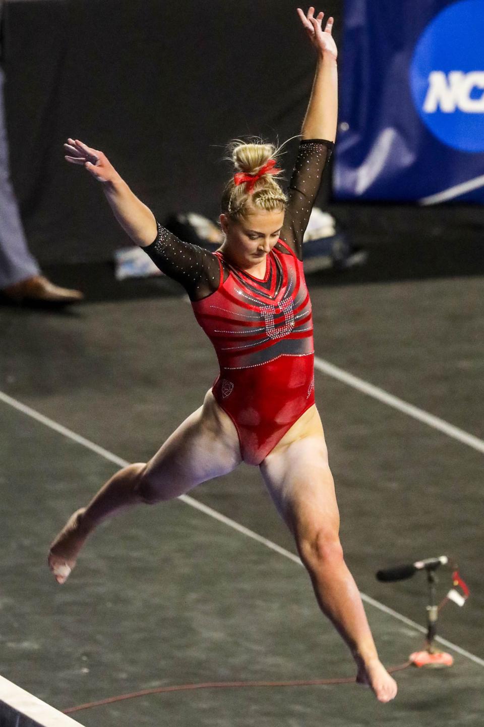 Utah Utes gymnast Lucy Stanhope performs on the beam during the NCAA regional final round at the Maverik Center on Saturday, April 3, 2021. The Utes are moving on to the next round. | Annie Barker, Deseret News