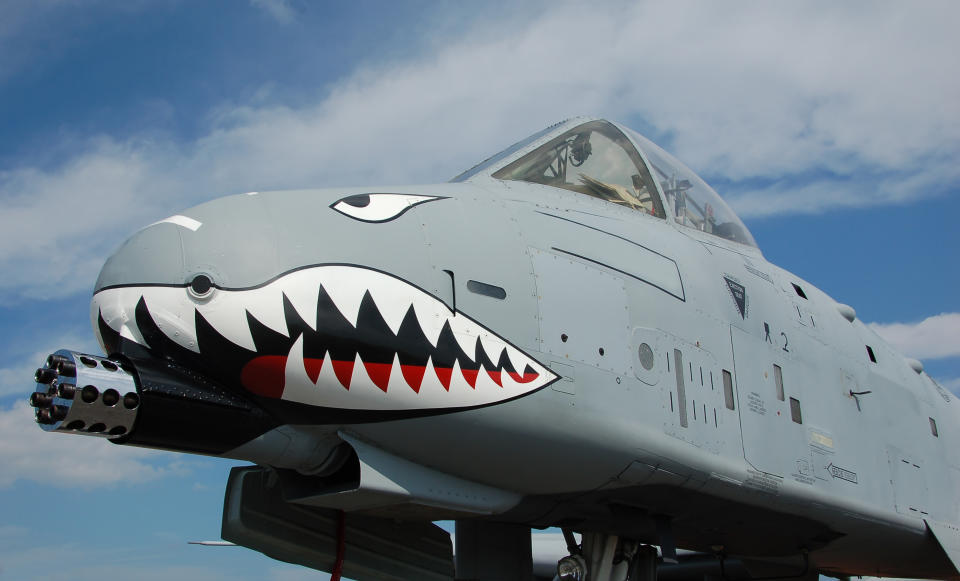 Close-up of A-10 featuring a big cannon and painted shark teeth