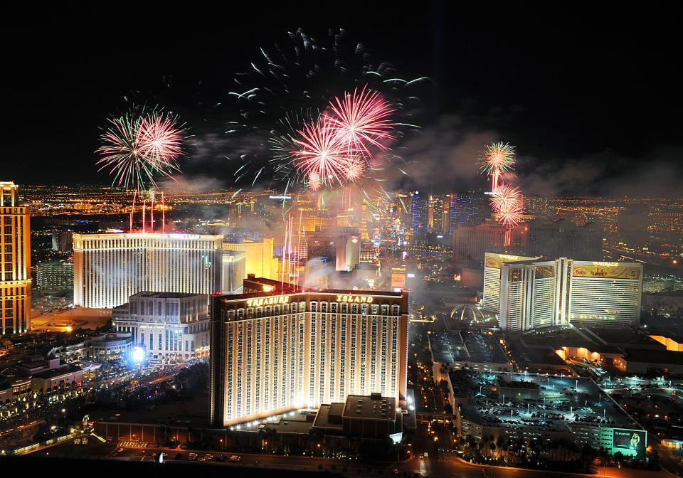 LAS VEGAS, NV- JANUARY 1: (NO SALES, NO ARCHIVE) In this photo provided by the Las Vegas News Bureau, fireworks burst over the Las Vegas Strip at midnight on New Year's 2013, as seen from Trump Las Vegas January 1, 2013 in Las Vegas, Nevada. Las Vegas officials expect to welcome approximately 332,000 visitors for the holiday. (Photo by Steve Spatafore/Las Vegas News Bureau via Getty Images)