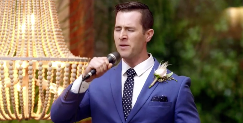 He took a great leap of faith at his TV wedding reception, choosing to overcome his nerves and serenade wife Lauren with a very impressive vocal performance. Photo: Channel Nine