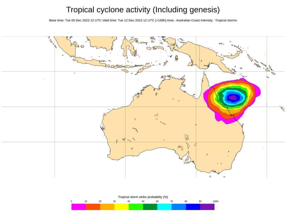 This model predicts the cyclone has a 20 per cent chance of striking between the Quensland towns of Cooktown and St Lawrence. Photo: WeatherZone