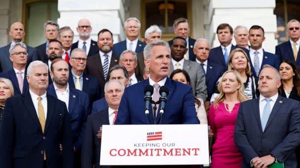 PHOTO: WASHINGTON, DC - APRIL 17: U.S. House Speaker Kevin McCarthy (D-CA) speaks at an event celebrating 100 days of House Republican rule at the Capitol Building April 17, 2023 in Washington, DC. (Anna Moneymaker/Getty Images)