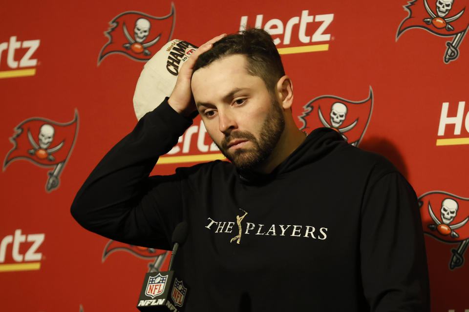 Tampa Bay Buccaneers quarterback Baker Mayfield speaks to reporters after an NFL football game against the San Francisco 49ers in Santa Clara, Calif., Sunday, Nov. 19, 2023. (AP Photo/Josie Lepe)