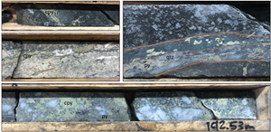 HOP22-DDH04 Top left: quartz-carbonate-chalcopyrite vein in propylitic alteration at 173m. Centre left; banded chalcopyrite-biotite-quartz-carbonate vein with vein-controlled potassic alteration at 279m. Top right: banded vein with chlorite-chalcopyrite (top) and quartz-pyrite (bottom) in intensely propylitic altered host rock at 192m. Bottom: pyrite-chalcopyrite-quartz vein at 192.5m.