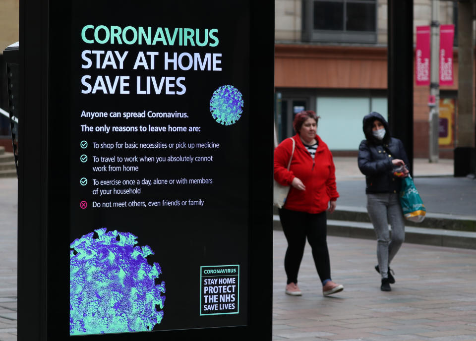 Coronavirus warnings on signs in Glasgow as the UK continues in lockdown to help curb the spread of the coronavirus. (Photo by Andrew Milligan/PA Images via Getty Images)