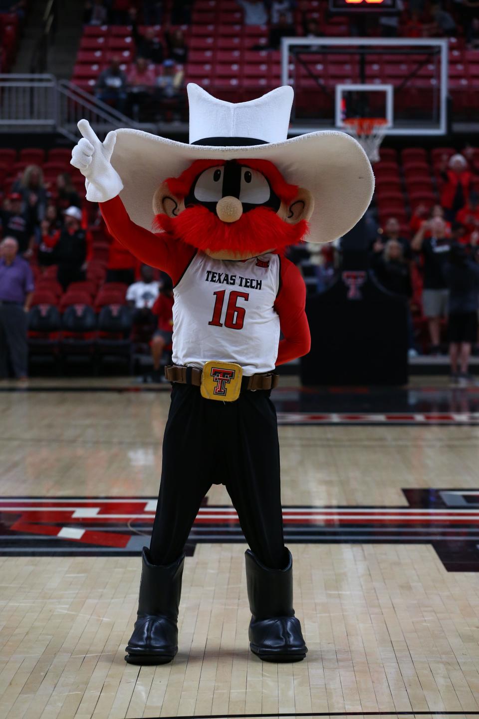 Nov 10, 2022; Lubbock, Texas, USA; The Texas Tech Red Raiders mascot on the court before the game against the Texas Southern Tigers at United Supermarkets Arena. Mandatory Credit: Michael C. Johnson-USA TODAY Sports ORG XMIT: IMAGN-500551 ORIG FILE ID:  20221110_ojr_aj7_172.JPG