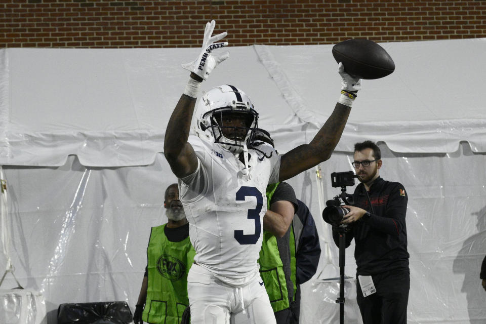 Penn State wide receiver Dante Cephas (3) celebrates after his touchdown during the second half of an NCAA college football game against Maryland, Saturday, Nov. 4, 2023, in College Park, Md. (AP Photo/Nick Wass)