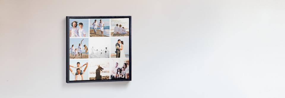 A square frame with nine photos of happy couple scenes at the beach, family shots and wedding pics. 