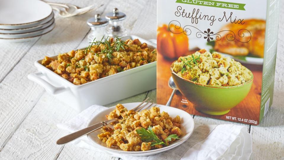 trader joe's gluten free stuffing mix prepared in a casserole dish, some on an appetizer plate