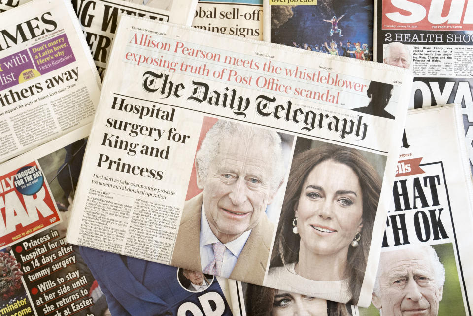 LONDON, ENGLAND - JANUARY 18: In this photo illustration, A selection of front pages from UK daily national newspaper coverage of of King Charles and Catherine, The Princess of Wales being admitted to hospital on January 18, 2024 in London, England. Catherine, The Princess of Wales, was admitted to The London Clinic for abdominal surgery yesterday. The surgery was successful and she will recover in the hospital for the next 10-14 days and is not expected to resume formal engagements until after Easter. (Photo by Ming Yeung/Getty Images)