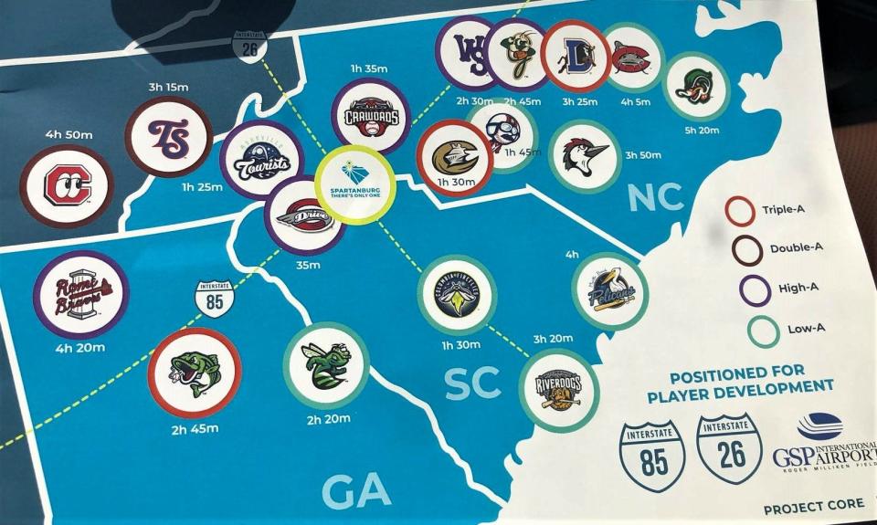 Map shows location of Spartanburg team in relation to other minor league baseball teams in the region.