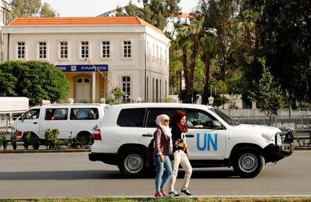 The United Nation vehicle carrying the Organisation for the Prohibition of Chemical Weapons (OPCW) inspectors is seen in Damascus, Syria April 17, 2018. REUTERS/Omar Sanadiki