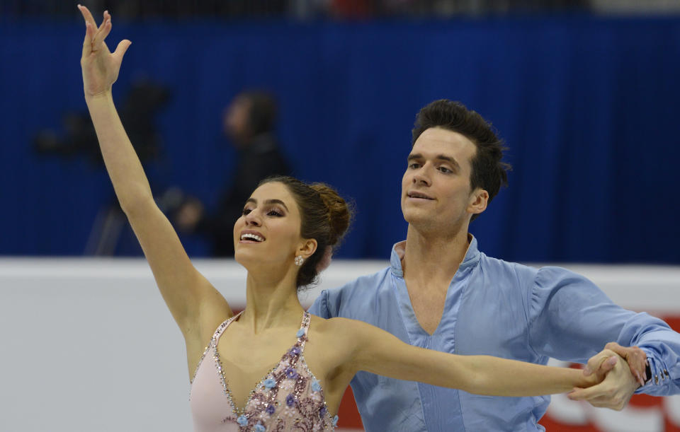 BRATISLAVA, SLOVAKIA - JANUARY 28:  Tina Garabedian and Simon Proulx-Senecal of Armenia perform during their Ice Dance Short Dance during the ISU European Figure Skating Championships 2016 on January 28, 2016 in Bratislava, Slovakia.  (Photo by Daniel Kopatsch - International Skating Union/International Skating Union via Getty Images)