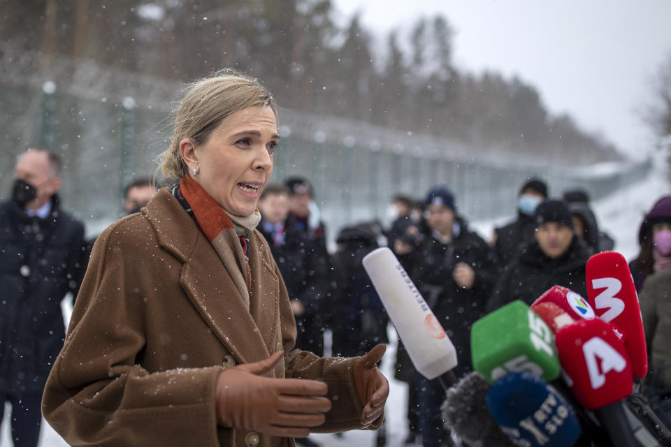 Lithuania's Minister of the Interior Agne Bilotaite speaks during a press conference at the border with Belarus during the participants of the Conference on Border Management visit Lithuanian-Belarusian border, near the village Kurmelionys, some 40km (24 miles) east of the capital Vilnius, Lithuania, Friday, Jan. 21, 2022. (AP Photo/Mindaugas Kulbis)