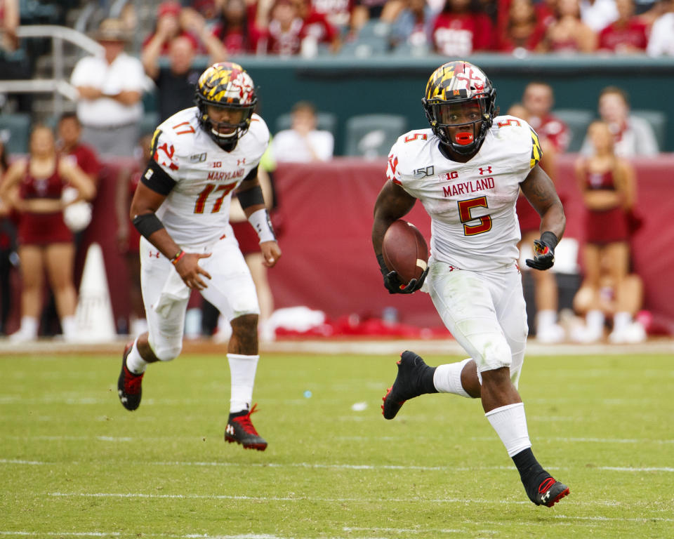 Maryland running back Anthony McFarland Jr. (5) runs with the ball during the second half of an NCAA college football against Temple, Saturday, Sept. 14, 2019, in Philadelphia. Temple won 20-17. (AP Photo/Chris Szagola)