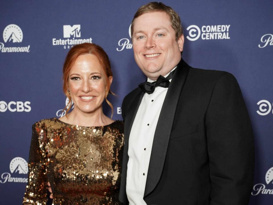 <p>Mary Kouw/CBS/Getty</p> Jen Psaki and Gregory Mecher at the Paramount White House Correspondents