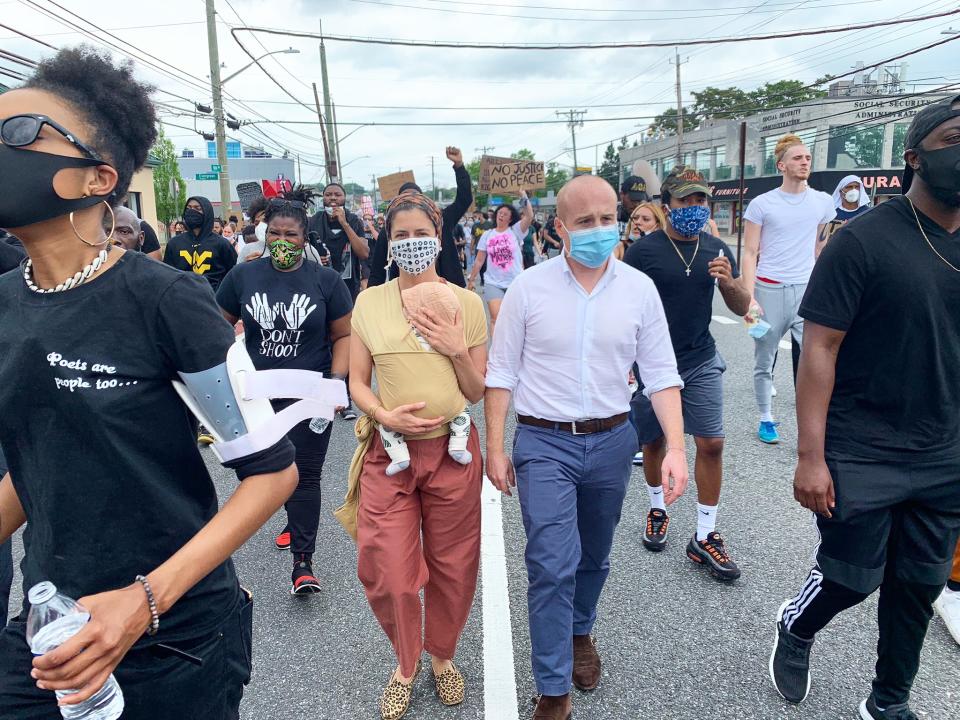 Then-Rep. Max Rose with his wife, Leigh, and son, Miles, at a Black Lives Matter protest on Staten Island in June. (@MaxRose4NY via Twitter)